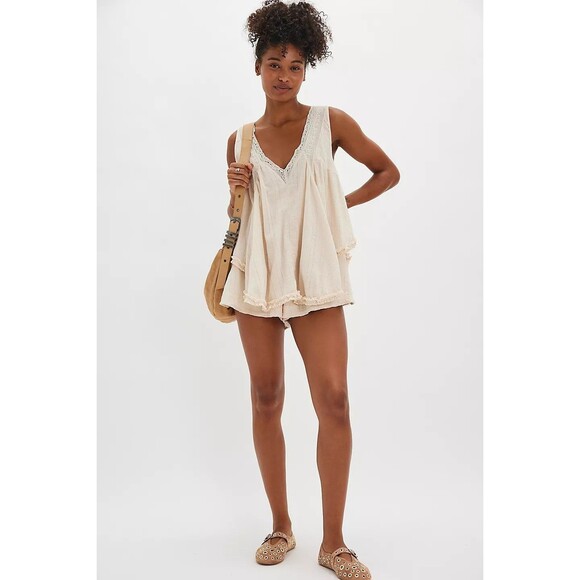 Free People Geneva Romper Dress Crochet Lace Ruffle V-Neck Cotton S New 283051 - Picture 1 of 8